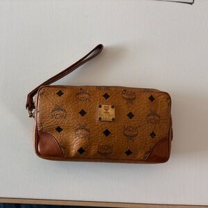 MCM Cognac Leather Wristlet with Logo Pattern